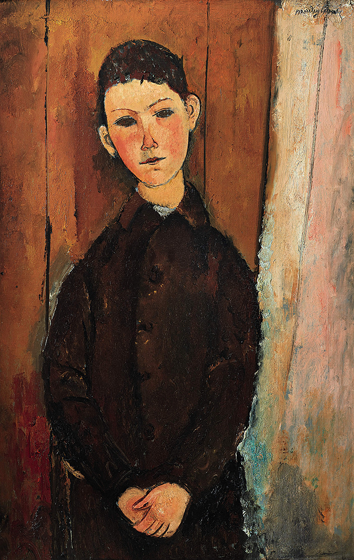 AMEDEO MODIGLIANI 1884 - 1920 &quot;JEUNE HOMME ASSIS, LES MAINS CROISÉES SUR LES GENOUX&quot; signed Modigliani (upper right) oil on canvas 92 by 60cm. 36¼ by 23⅝in. Painted in 1918.