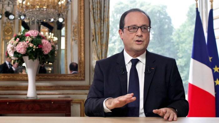 French President Francois Hollande gestures after the traditional television interview at the Elysee Palace in Paris, following the Bastille Day military parade, on July 14, 2014. AFP PHOTO / POOL / THIBAULT CAMUSTHIBAULT CAMUS/AFP/Getty Images