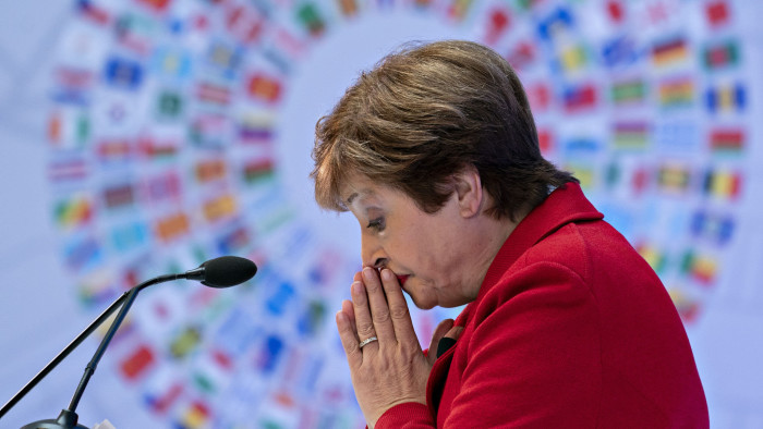 Kristalina Georgieva, managing director of the International Monetary Fund (IMF), pauses while speaking ahead of the IMF and World Bank Group Annual Meetings in Washington, D.C., U.S., on Tuesday, Oct. 8, 2019. Georgieva, in her first major address as head of the IMF, painted a downbeat picture of the world economy and said a more severe slowdown could require governments to coordinate fiscal-stimulus measures. Photographer: Andrew Harrer/Bloomberg