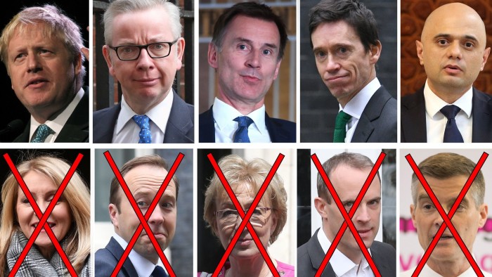 File photos of (left to right, top row) Boris Johnson, Dominic Raab, Jeremy Hunt, Rory Stewart, Sajid Javid, (bottom row) Esther McVey, Matt Hancock, Andrea Leadsom, Michael Gove and Mark Harper. (indicated with crosses on face) Health Secretary Matt Hancock is the latest to come out of the Conservative Leadership contest, as he withdrew on Friday morning. Esther McVey, Andrea Leadsom and Mark Harper were previously knocked out of the race following the first ballot on Thursday, failing to gain enough votes to advance. ... Tory leadership race ... 14-06-2019 ... UK ... Photo credit should read: PA/PA Wire. Unique Reference No. 43522863 ... Issue date: Friday June 14, 2019. See PA story POLITICS Tories. Photo credit should read: PA/PA Wire