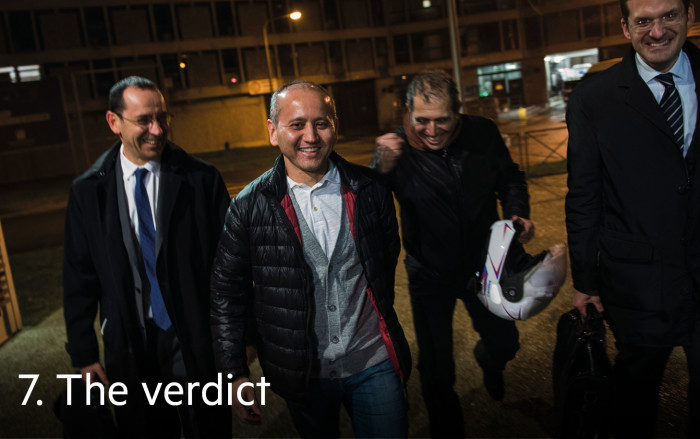 Ablyazov (second left) and lawyers, including Sahlas (right), celebrate his release from prison in Paris last year