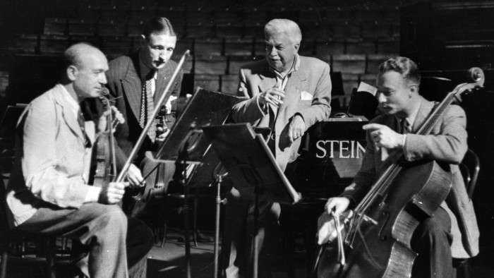 20th September 1947: At the first Edinburgh Festival, are, (from left to right), Hungarian-American violinist Joseph Szigeti, Scottish violist William Primrose, Austrian pianist Artur Schnabel, and French cellist Pierre Fournier. The Edinburgh Festival of Music and Drama began in 1947 and is held annually for three weeks in August. Various other festivals are held at the same time in the city to take advantage of the large number of visitors in the area and the most famous of these is the Edinburgh Fringe. Original Publication: Picture Post - 4426 - Edinburgh Festival - pub. 1947 (Photo by Gerti Deutsch/Picture Post/Getty Images)