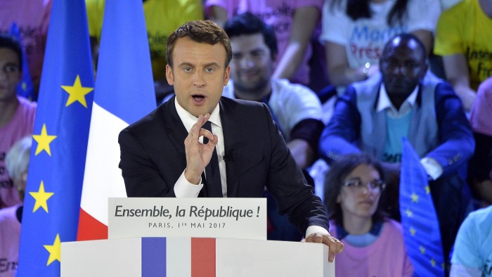 PARIS, FRANCE - MAY 01: French Presidential Candidate Emmanuel Macron addresses voters during a political meeting at Grande Halle de La Villette on May 1, 2017 in Paris, France. Emmanuel Macron faces President of the National Front, Marine Le Pen in the final round of the French presidential elections on May 07. (Photo by Aurelien Meunier/Getty Images)