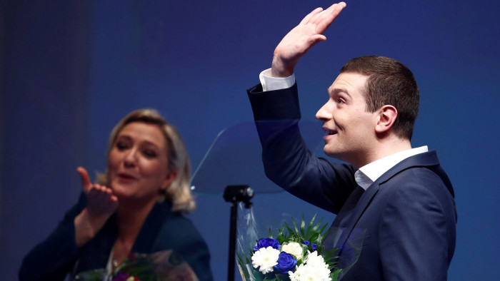 French far-right National Rally (Rassemblement National) party leader Marine Le Pen and Jordan Bardella, the head of the National Rally list for the European elections, attend the launching of their party campaign for the European elections in Paris, France, January 13, 2019. REUTERS/Christian Hartmann