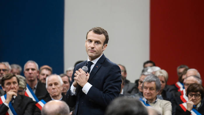 French President Emmanuel Macron speaks during a meeting attended by some 600 mayors of Occitania to relay their constituent's grievances on January 18, 2019, in Souillac, southern France, as part of the "great national debate", a central plank of the Macron's bid to turn around his embattled presidency since the "yellow vest (gilets jaunes) movement protests. - Facing the biggest test of his presidency, the French president has launched a series of public forums inviting voters to express their concerns and hopes after two months of anti-government protests. The "Great National Debate", aimed at quelling the "yellow vest" (gilet jaunes) anger over inequality and the French president's perceived indifference to the struggles of rural and small-town France, will run for two months until March 15, 2019. (Photo by Ludovic MARIN / POOL / AFP) (Photo credit should read LUDOVIC MARIN/AFP/Getty Images)