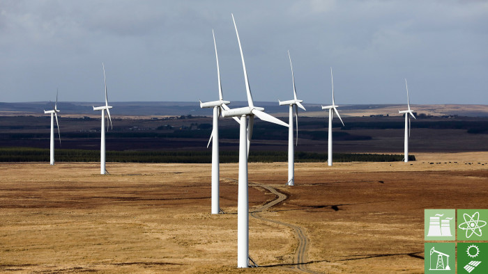 A wind farm stands in the Sutherland area of Scotland, U.K., on Wednesday, March 22, 2017. Generating power from new onshore wind farms would be 100 million pound a year cheaper than doing so from new nuclear reactors or biomass plants, and at least 30 million pounds cheaper than under the latest offshore wind-power contracts, according to research by the Energy & Climate Intelligence Unit, a London-based non-profit group.v Photographer: Chris Ratcliffe/Bloomberg