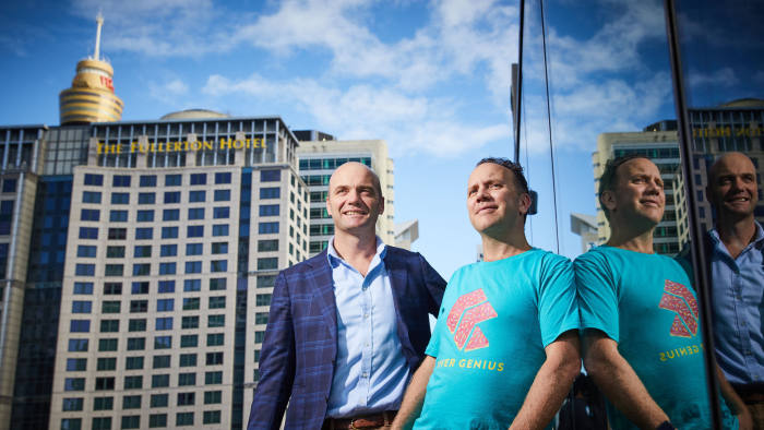 Angus McDonald (shaved head) and Christopher Bayley (tee shirt), founders of fintech company, Cover Genius pictured in Sydney, Australia