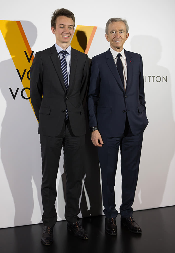 TOKYO, JAPAN - APRIL 21: Frederic Arnault (L) and LVMH Chairman and CEO Bernard Arnault (R)attend the Louis Vuitton Exhibition "Volez, Voguez, Voyagez" on April 21, 2016 in Tokyo, Japan. (Photo by Christopher Jue/Getty Images)