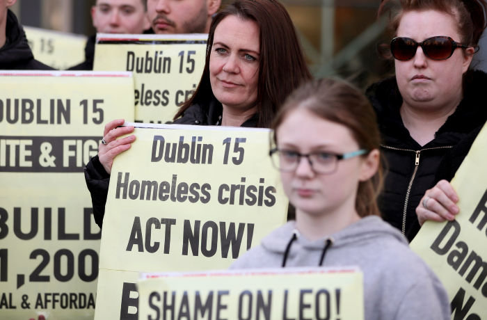 People attend a 'Homes For All' protest outside Fingal Council offices in Dublin. The protest is calling on the incoming government to take emergency action to build homes for all those in need in Dublin 15. PA Photo. Picture date: Thursday February 6, 2020. See PA story IRISH Politics Housing. Photo credit should read: Brian Lawless/PA Wire