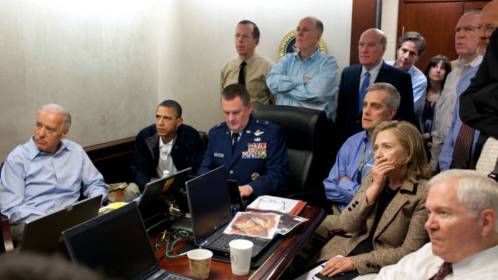 WASHINGTON, DC - MAY 1: (EDITORS NOTE: Please be advised that a classified document visible in this photo was obscured by The White House) In this handout image provided by The White House, President Barack Obama, Vice President Joe Biden, Secretary of State Hillary Clinton and members of the national security team receive an update on the mission against Osama bin Laden in the Situation Room of the White House May 1, 2011 in Washington, DC. Obama later announced that the United States had killed Bin Laden in an operation led by U.S. Special Forces at a compound in Abbottabad, Pakistan. (Photo by Pete Souza/The White House via Getty Images)