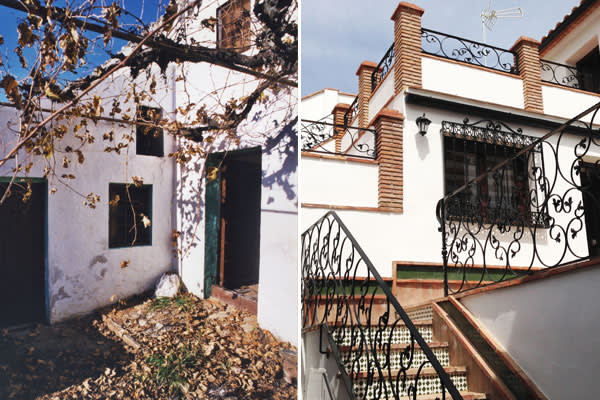 From left: exterior before work began on the house; after its renovation