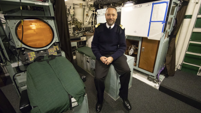 POOL PHOTOGRAPH - JAMES GLOSSOP, THE TIMES Commodore Bob Anstey, on board HMS Vigilant, which carries the UK's Trident nuclear deterrent. A media tour of the submarine was arranged to mark 50 years of the continuous at sea nuclear deterrent (CASD). HM Naval Base Clyde, Faslane, Scotland. 29-04-19