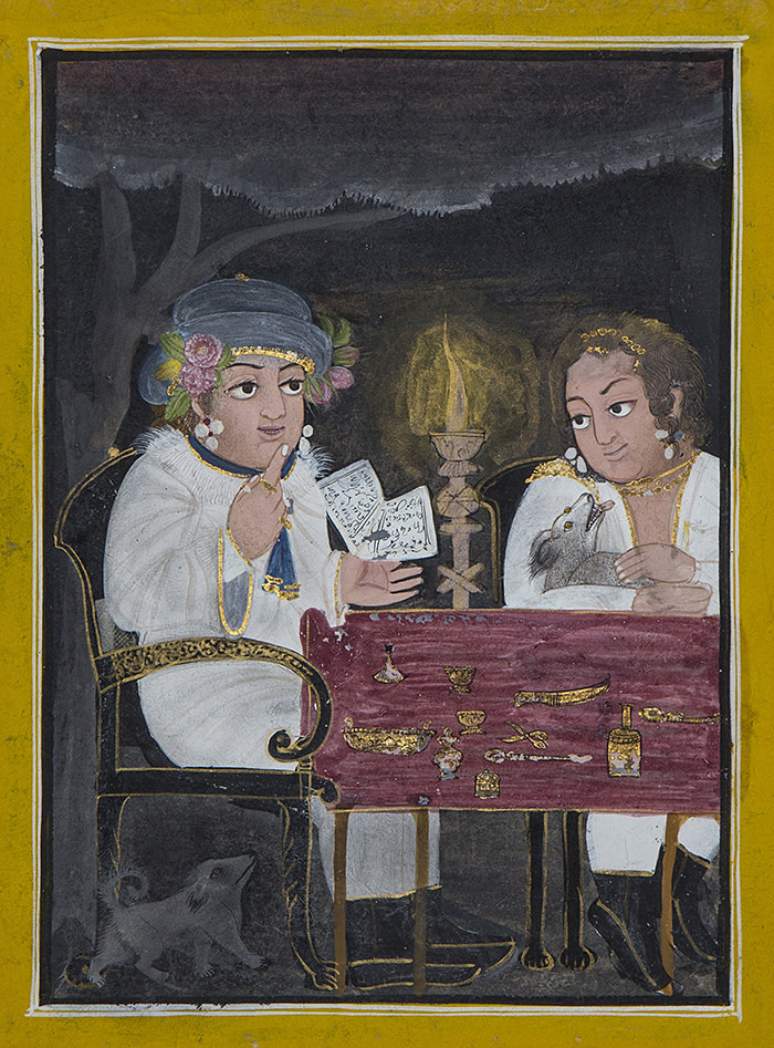 India, Rajasthan, Devgarh, attributable to Chokha, Two Europeans, circa 1810-1820, Pigments and gold on paper, 22 × × 17 cm, Courtesy of Alexis Renard