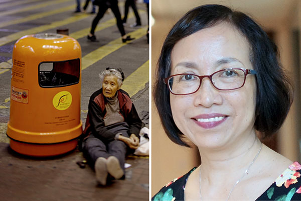 (left) An elderly homeless woman sitting next to a garbage bin next to a busy road crossing in the city centre. (Photo by Jonas Gratzer/LightRocket/Getty Images). (right) Prof Cecilia Chan