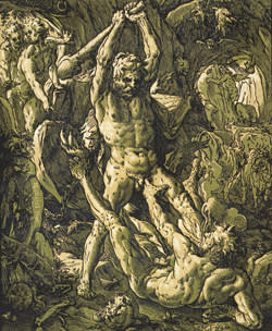 Chiaroscuro woodcut of 'Hercules Killing Cacus' (1588) by Hendrick Goltzius