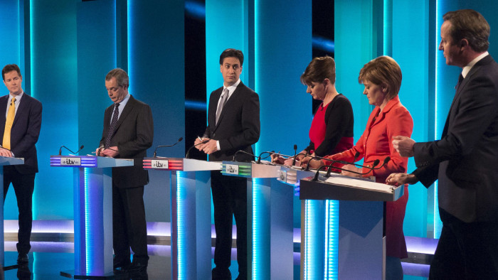 SALFORD, ENGLAND - APRIL 2: (EDITORIAL USE ONLY. NO MERCHANDISING. NO ARCHIVE AFTER MAY 02, 2015) In this handout provided by ITV, (L-R): Green Party leader Natalie Bennett, Liberal Democrat leader Nick Clegg, UKIP leader Nigel Farage, Labour leader Ed Miliband, Plaid Cymru leader Leanne Wood, Scottish National Party leader Nicola Sturgeon and British Prime Minister and Conservative leader David Cameron take part in the ITV Leaders' Debate 2015 at MediaCityUK studios on April 2, 2015 in Salford, England. Tonight sees a televised leaders election debate between the seven political party leaders. The debate will be the only time that David Cameron and Ed Miliband will face each other before polling day on May 7th. (Photo by Ken McKay/ITV via Getty Images)