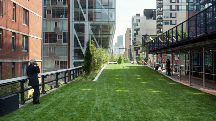 The only grass in the park that sunbathers and picnickers can sit on lies at the High Line's new 23rd Street Lawn, which sprawls from 22nd to 23rd Street and elevates slightly above the path as you go north. The 23rd Street edge offers the High Line's only vantage point of both the Hudson and East rivers. There is also elevator access at 23rd Street and another set of Slow Stairs. (Photo By: Craig Warga/NY Daily News via Getty Images)