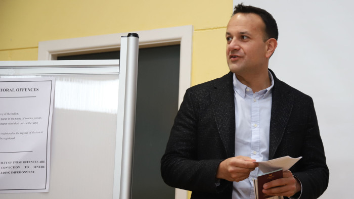 Fine Gael leader Leo Varadkar votes in the Irish General Election at Scoil Thomais in Castleknock, Dublin. PA Photo. Picture date: Saturday February 8, 2020. See PA story IRISH Election. Photo credit should read: Damien Storan/PA Wire