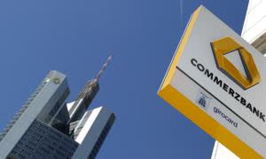 File photo of the logo of Germany's Commerzbank pictured next to the headquarters of the bank in Frankfurt May 25, 2011. Germany's second biggest lender, Commerzbank, will post writedowns of more than 700 million euros ($997.6 million) on its Greek sovereign bond holdings in the second quarter, three sources told Reuters August 4, 2011. That would make Commerzbank, which has around three billion euros of Greek government debt exposure, the most affected major European bank. REUTERS/Kai Pfaffenbach/Files (GERMANY - Tags: BUSINESS)
