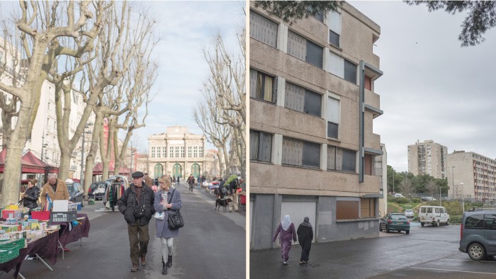 Left: market day in Beziers left. Right: dilapidated housing in La Deveze