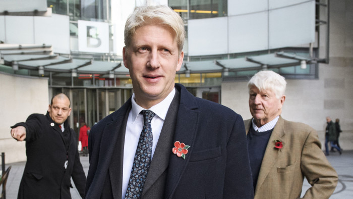 © Licensed to London News Pictures. 10/11/2018. London, UK. JO JOHNSON MP and his father STANLEY JOHNSON leave BBC Broadcasting House in London after JO JOHNSON resigned as transport minister yesterday. Mr Johnson, brother of former foreign secretary Boris Johnson, resigned his ministerial post saying it's &quot;imperative we go back to the people and check&quot; they still want to leave. Photo credit: Ben Cawthra/LNP