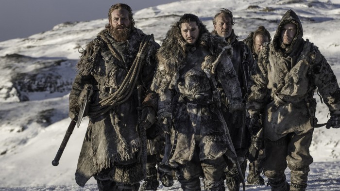 HBO's Game of Thrones Series 7 Ep 6 - Kristofer Hivju as Tormund, Kit Harington as Jon Snow, Iain Glen as Jorah Mormont, Joe Dempsie as Gendry