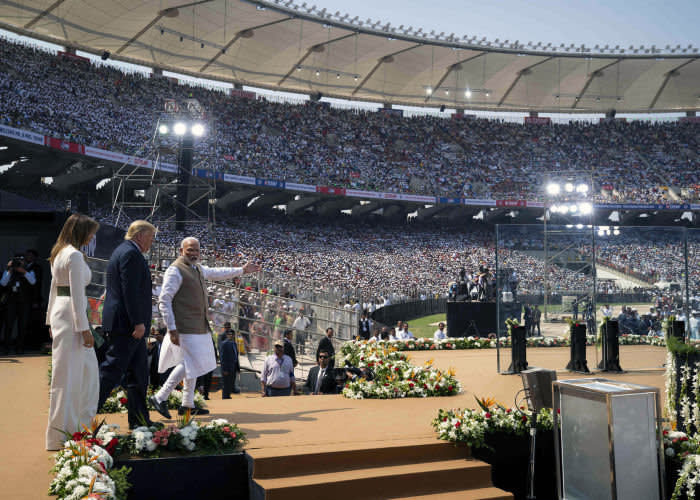 Narendra Modi with the US president and his wife Melania at a packed rally in Ahmedabad on February 24 — part of a lavish official visit