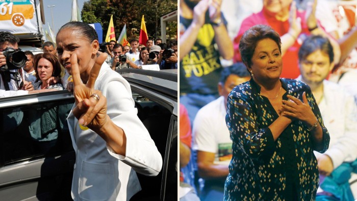 Marina Silva, left, and Dilma Rousseff, right, on the campaign trail in Brasilia this month