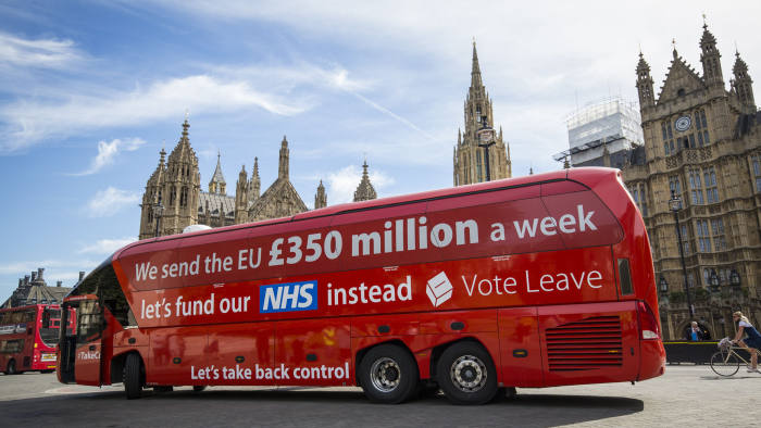 LONDON, ENGLAND - JULY 18: A 'Vote LEAVE' battle bus is parked outside the Houses of Parliament in Westminster by the environmental campaign group Greenpeace before being re-branded on July 18, 2016 in London, England. The bus which was used during the European Union (EU) referendum campaign and had the statement "We send the EU Â£350 million a week let's fund our NHS instead" along the side was today covered with thousands of questions for the new Prime Minister Theresa May and her government about what a 'Brexit' might mean for the environment. (Photo by Jack Taylor/Getty Images)