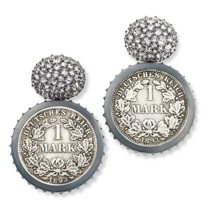 Hemmerle earrings, German coins from 1893, diamonds, silver and white gold