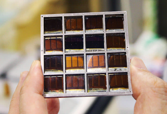 JP74YF A solar cell on which the crystalline material perovskite is applied is shown at Toin University of Yokohama on March 18, 2015. The cell with perovskite layer is relatively simple to produce and has been quickly achieving improved conversion efficiency. A team led by Tsutomu Miyasaka, a professor at the university, reported in 2006 that perovskites can be used for photovoltaics. (Kyodo) ==Kyodo