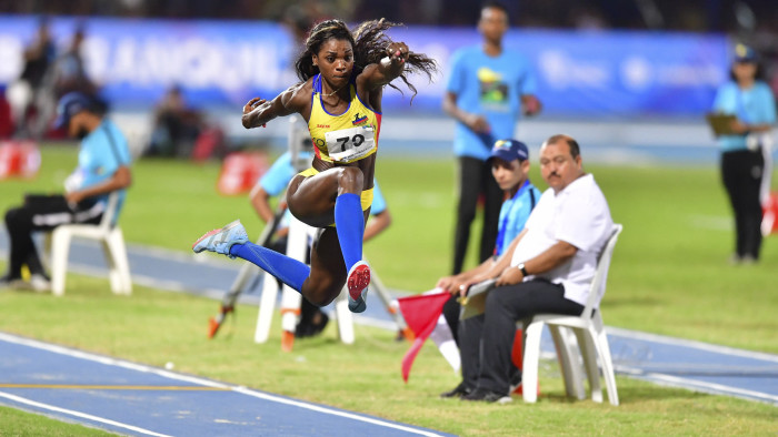 Colombia's Caterine Ibarguen competes in the women's triple jump event during the 2018 Central American and Caribbean Games (CAC) in Barranquilla, Colombia, on August 1, 2018. (Photo by Luis ACOSTA / AFP) (Photo credit should read LUIS ACOSTA/AFP/Getty Images)
