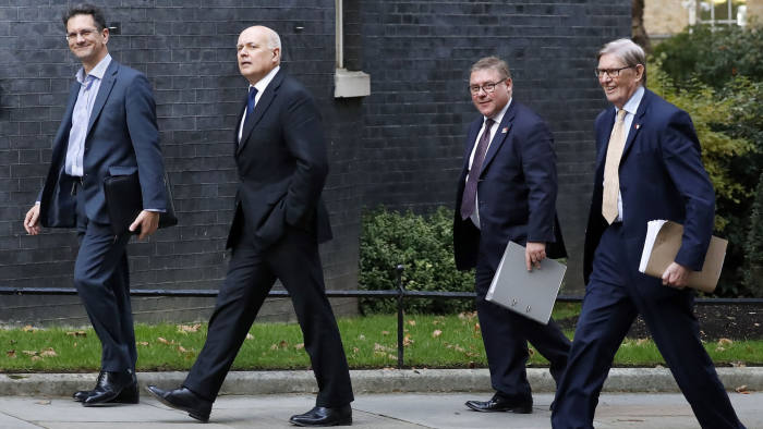 Conservative MPs, Steve Baker (L), Iain Duncan Smith (2L), Mark Francois (2R) and William Cash arrive at 10 Downing Street in central London on October 16, 2019.. - British Prime Minister Boris Johnson has said he will take the country out of the EU on October 31 with or without a deal. (Photo by Tolga AKMEN / AFP) (Photo by TOLGA AKMEN/AFP via Getty Images)