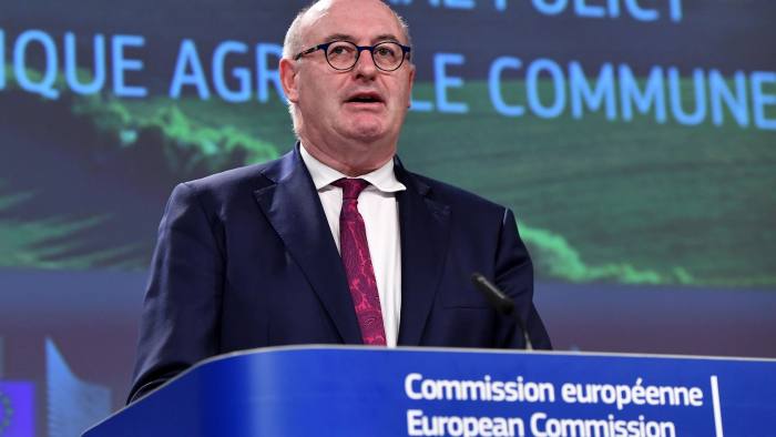 EU Commissioner Phil Hogan addresses a press conference on the on the EU Common Agricultural Policy post-2020 at the European Commission in Brussels on June 1, 2018. (Photo by Emmanuel DUNAND / AFP)        (Photo credit should read EMMANUEL DUNAND/AFP/Getty Images)