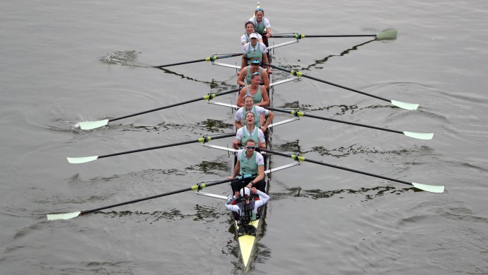 The Cambridge boat, crewed by (bottom to top) cox Sophie Shapter, Olivia Coffey, Myriam Goudet-Boukhatmi, Alice White, Kelsey Barolak, Thea Zabell, Paula Wesselmann, Imogen Grant, and Tricia Smith react after finishing ahead of the Oxford boat to win the annual women's boat race between Oxford University and Cambridge University on the River Thames in London on March 24, 2018. / AFP PHOTO / Daniel LEAL-OLIVAS (Photo credit should read DANIEL LEAL-OLIVAS/AFP via Getty Images)