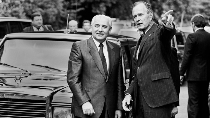 Soviet leader Mikhail Gorbachev and US President George Bush during the G7 summit in London in 1991