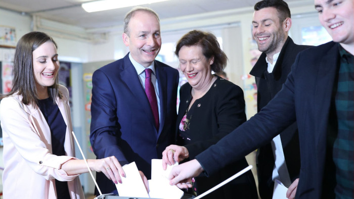 PABest Fianna Fail leader Micheal Martin and family voting in the Irish General Election at St Anthony's Boys National School in Ballinlough, Cork. PA Photo. Picture date: Saturday February 8, 2020. See PA story IRISH Election. Photo credit should read: Yui Mok/PA Wire