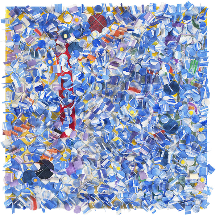 Howardena Pindell, Untitled #59, 2010, mixed media collage on board, 33 x 33 x 1.3 cm, 13 x 13 x 1/2 inches, courtesy the artist, Garth Greenan Gallery, New York, and Victoria Miro, London/Venice