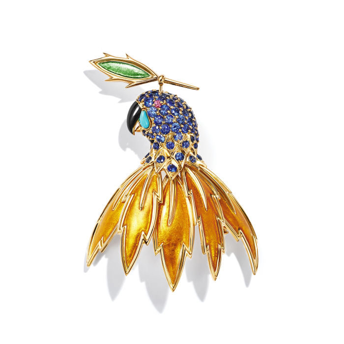 Tiffany & Co's 18k gold parrot clip with paillonne enamel, and sapphires, £POA, tiffany.co.uk