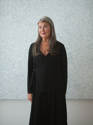 Victoria Miro at her new gallery in Mayfair, with one of Yayoi Kusama’s ‘White Infinity Nets’ paintings