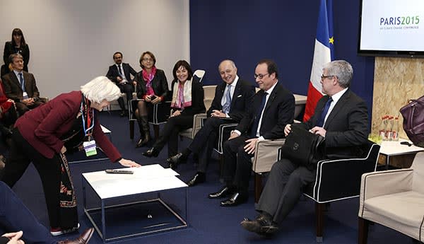 Tubiana at the UN conference with French president François Hollande (second from right) and foreign affairs minister Laurent Fabius (third from right)