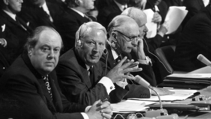 Lord Soames, prime minister Edward Heath, foreign secretary Alec Douglas-Home and Anthony Barber during talks on Britain's entry into the EEC in Paris in 1972