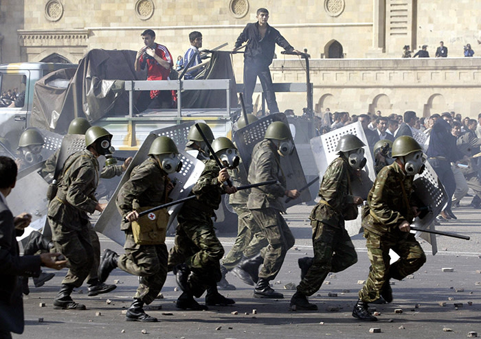 Rioting in Baku, Azerbaijan, after the presidential election victory of llham Aliyev, October 2003
