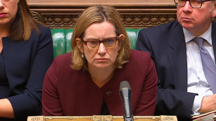 Britain's Home Secretary Amber Rudd answers an urgent question on the treatment of members of the Windrush generation and their families in the House of Commons, in London, April 26, 2018. Parliament TV handout via REUTERS NO SALES THIS IMAGE HAS BEEN SUPPLIED BY A THIRD PARTY