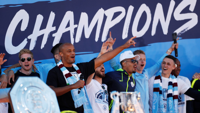 Soccer Football - Manchester City Premier League Title Winners Parade - Manchester, Britain - May 20, 2019 Manchester City's Vincent Kompany with team mates during the celebrations Action Images via Reuters/Lee Smith