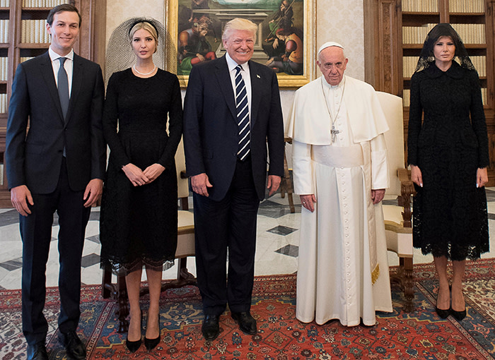 Pope Francis poses with U.S. President Donald Trump (C) his wife Melania (R), Jared Kushner (L) and Ivanka Trump during a private audience at the Vatican, May 24, 2017. Osservatore Romano/Handout via REUTERS ATTENTION EDITORS - THIS PICTURE WAS PROVIDED BY A THIRD PARTY. EDITORIAL USE ONLY. NO RESALES. NO ARCHIVE. THIS PICTURE WAS PROCESSED BY REUTERS TO ENHANCE QUALITY. AN UNPROCESSED VERSION HAS BEEN PROVIDED SEPARATELY. TPX IMAGES OF THE DAY