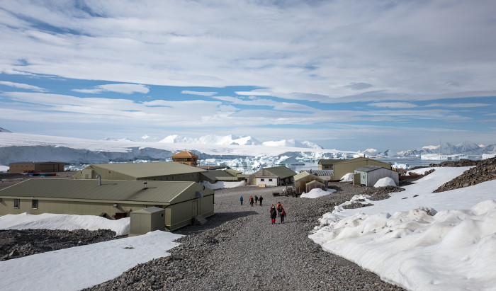 The British Antarctic Survey’s Rothera base, surrounded by icebergs