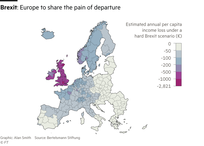 Map showing the estimated annual per capita income loss under a hard Brexit scenario (€) Europe to share the pain of departure but UK and Ireland will be most affected