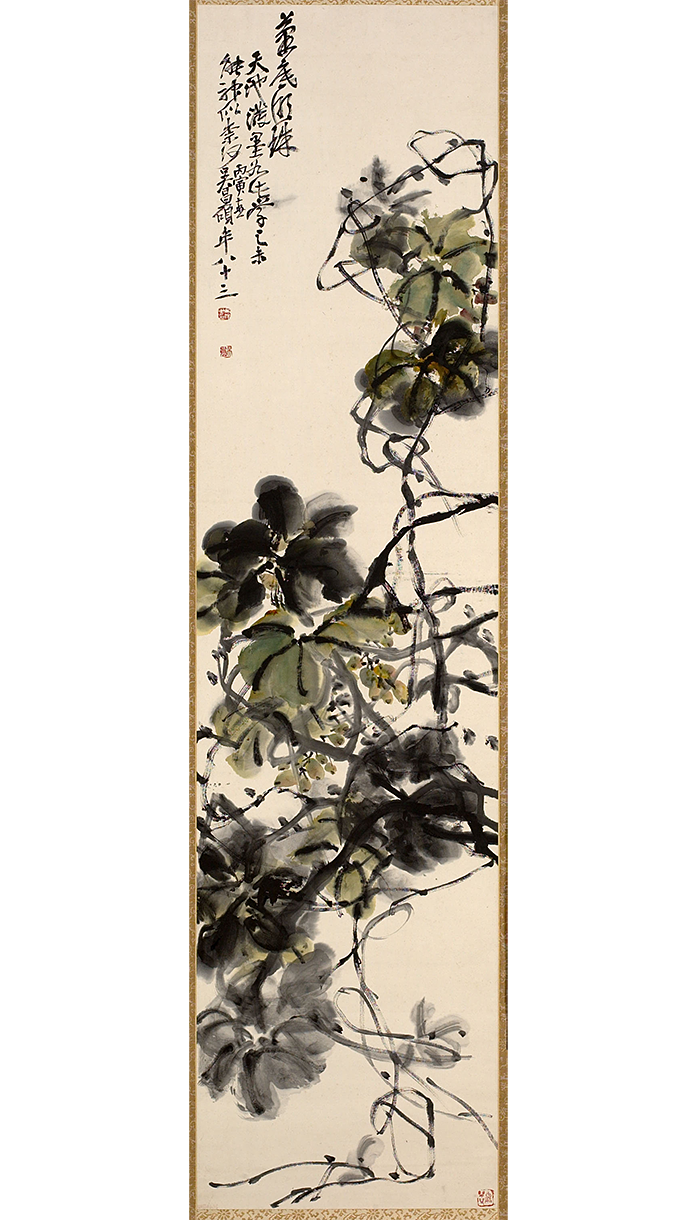 Wu Changshuo (1844 - 1927), 'Grapevine,' ink and colour on paper, dated (1926), 136 x 34 cm.