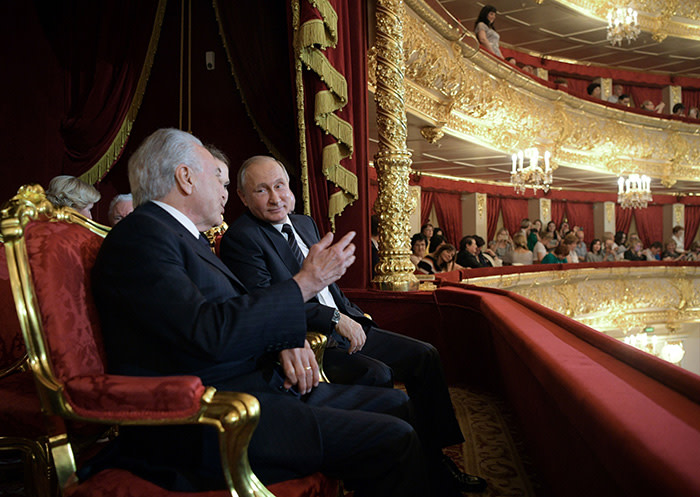 Russian President Vladimir Putin (C) and Brazil's President Michel Temer (L) speak as they attend the concert by the winners of the XIII International Ballet Competition and Contest of Choreographers at The Bolshoi Theatre in Moscow on June 20, 2017. / AFP PHOTO / Sputnik / Alexei Druzhinin (Photo credit should read ALEXEI DRUZHININ/AFP/Getty Images)